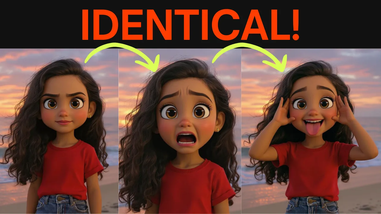 One original cartoon character held identical across different poses and expressions